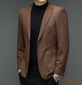 秋新品 メンズ テーラードジャケット 高級 ブレザー スプリングコート 刺繍 ジャンパー ストレッチ性 スーツ ブルゾン 紳士服 ブラウン S