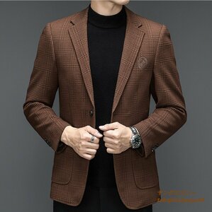 秋新品 メンズ テーラードジャケット 高級 ブレザー スプリングコート 刺繍 ジャンパー ストレッチ性 スーツ ブルゾン 紳士服 ブラウン XL