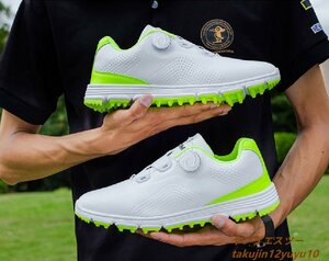 新品セール■ゴルフシューズ メンズ スニーカー ダイヤル Golf shoes ソフトスパイク靴 ワイドスポーツシューズ 防水防滑耐磨 白/緑 25.0cm