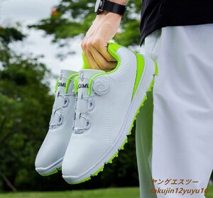 新品セール■ゴルフシューズ メンズ スニーカー ダイヤル Golf shoes ソフトスパイク靴 ワイドスポーツシューズ 防水防滑耐磨 白/緑 27.0cm