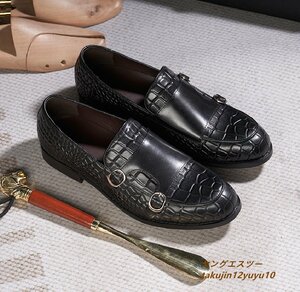 定価7万■ビジネスシューズ 新品 メンズ レザーシューズ 本革Monk Strap Shoes モンクストラップ 手塗仕上げ 牛革 紳士 革靴 黒 27.5cm