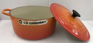 (中古美品)ルクルーゼ/LE CREUSET　ココット・ロンド　オレンジ　両手鍋 22㎝/3.3L