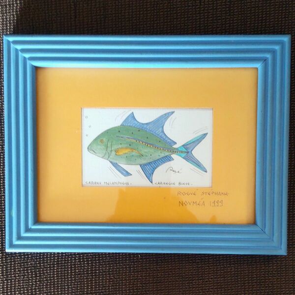熱帯魚のアート額 ニューカレドニアアーティスト ブルーとイエロー