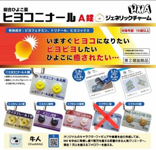 【送料無料】ヒヨコニナールA錠ジェネリックチャーム　5種セット セミコンプ　ガチャ