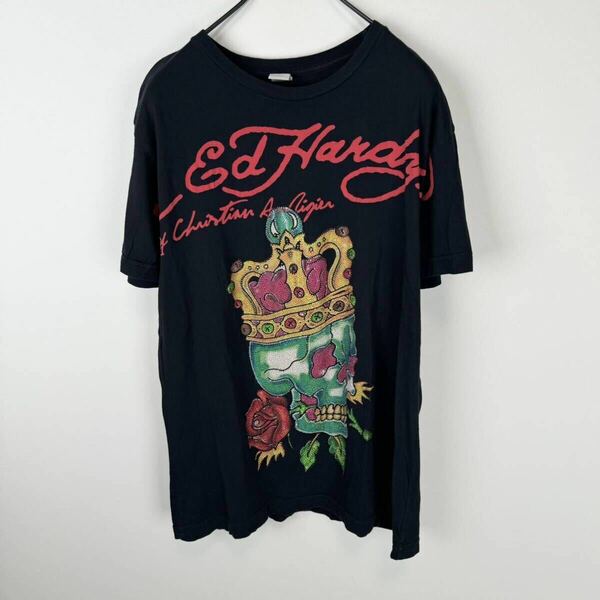 Ed Hardy エドハーディー　USA製　半袖 Tシャツ スパンコール　スカル　ロゴデザイン　黒 ブラック Lサイズ　ドクロ　髑髏　王冠　アメリカ
