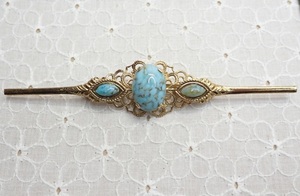 L344　ヴィンテージ ブローチ ターコイズ風 メタル ゴールドカラー アクセサリー Vintage brooch