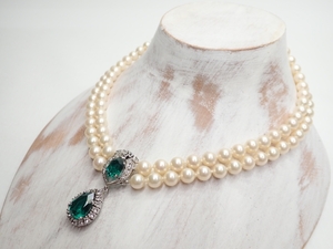 N794　ヴィンテージ ネックレス　パール風　ガラスチャームデザイン　二連　41cm　Vintage necklace