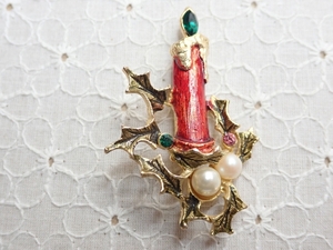 L343　ヴィンテージ ブローチ キャンドルデザイン ゴールドカラー ラインストーン アクセサリー Vintage brooch