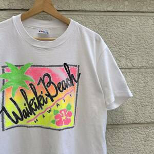 90s USA製 白 プリントTシャツ 半袖Tシャツ Hanes ヘインズ ワイキキビーチ ビーチプリント アメリカ製 古着 vintage ヴィンテージ Lサイズ