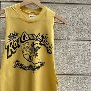 80s USA製 黄色 カットオフ ノースリーブ Tシャツ タンクトップ Stedman The Ray Camacho Band アメリカ古着 vintage ヴィンテージ Mサイズ