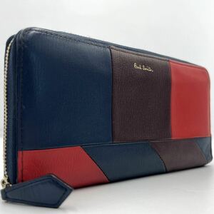 極美品/入手困難品● Paul Smith ポールスミス 長財布 ウォレット ラウンドファスナー ジップ ロゴ マルチカラー バイカラー レザー