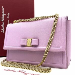 極美品● Salvatore Ferragamo サルヴァトーレ フェラガモ ショルダーバッグ ポシェット ヴァラリボン ジニー チェーン ピンク レザー 