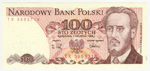【未使用】ポーランド 100ズロチ紙幣 1988年版 ピン札 P-143　A07