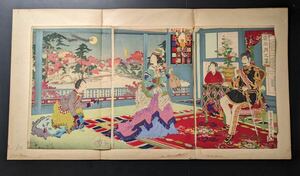 Art hand Auction S5234 Gravure sur bois authentique, ukiyo-e, nishiki-e, Banquet au clair de lune dans le jardin, grand format, triptyque, pièce d'époque, Peinture, Ukiyo-e, Impressions, autres
