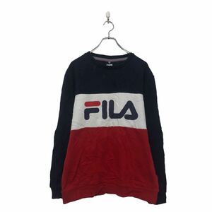 a605-6207 FILA プリント スウェット トレーナー S フィラ ネイビー 裏起毛 古着卸 アメリカ仕入