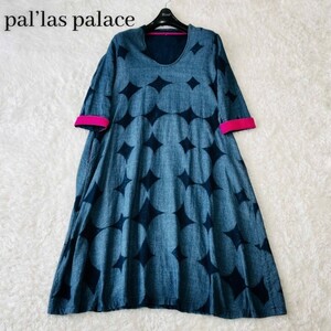 pal*las palacepalaspa less 45rpm One-piece long flair A line pocket indigo dyeing total pattern Denim navy navy blue blue pink M cotton 