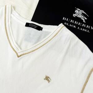 美品 レア BURBERRY BLACK LABEL バーバリーブラックレーベル サーマルVネックTシャツ ホース刺繍 白 金 3(L) 日本製 #2749