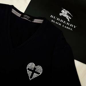 美品 限定 激レア BURBERRY BLACK LABEL バーバリーブラックレーベル VネックTシャツ ラインストーン 黒 2(M) 日本製 #2750