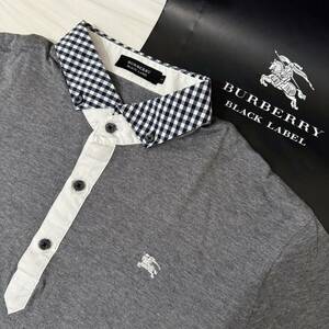  beautiful goods rare BURBERRY BLACK LABEL Burberry Black Label short sleeves BD polo-shirt silver chewing gum check hose embroidery gray 2(M) #2737