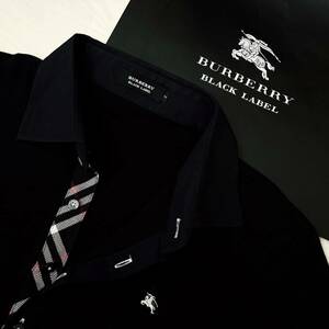 美品 名作 BURBERRY BLACK LABEL バーバリーブラックレーベル 半袖ポロシャツ 鹿の子 前立ノバチェック ホース刺繍 黒 2(M) 日本製 #2753