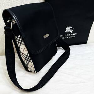  прекрасный товар редкость BURBERRY BLACK LABEL Burberry Black Label нейлон & натуральная кожа тонкий Mini сумка на плечо раунд noba проверка чёрный #2756