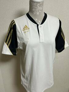 メンズ【 adidas★アディダス】半袖Tシャツ・ハーフボタン・ホワイト/ブラック／ゴールド・Sサイズ（大きめ)送料180円