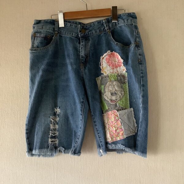 デニムパンツ ミッキーパッチワーク