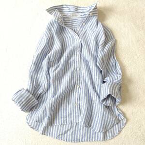 T702 ultimate beautiful goods McAfee Tomorrowland made in Japan linen stripe shirt blouse MACPHEE blue white size 38 lady's feather weave 