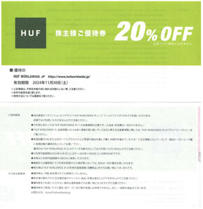 最新 1～9枚☆TSI 優待 HUF JAPAN ハフジャパン 20％OFFF 送料無料有