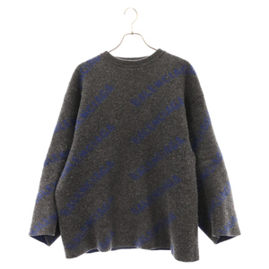 バレンシアガ 20AW Allover Logo Knit Sweater 623283 T1567 ロゴニットスウェットセーター オーバーサイズ 総柄ロゴ グレー/ブルー