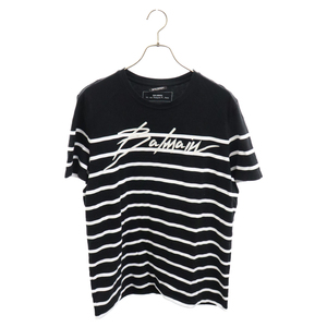 BALMAIN バルマン フロントロゴプリントボーダー半袖クルーネックTシャツ ブラック SH11601I130