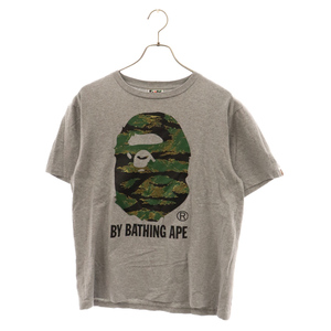 A BATHING APE アベイシングエイプ カモフラ柄 エイプヘッド ロゴプリント半袖Tシャツ カットソー グレー/カーキ