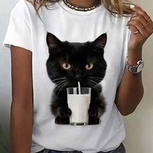 Tシャツ 半袖Tシャツ ホワイト黒猫柄クルーネックTシャツ 春夏 カジュアル 半袖Tシャツ新品未使用