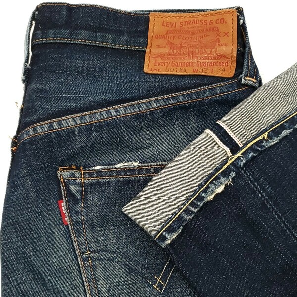 濃紺サンプル級◆Levi's 47501◆W32日本製ビンテージ復刻ジーンズBIGEリーバイス赤耳ビッグEメンズデニム501XXレプリカLVC鬼ひげ加工 808