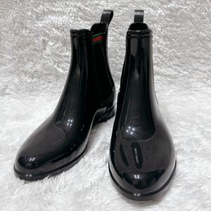 【美品】GUCCI グッチ レインブーツ エナメル シェリーライン 35 黒 サイドゴア 長靴 ショート丈 黒 
