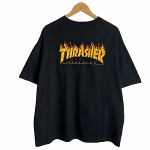 THRASHER スラッシャー 両面 刺繍ロゴ ビッグロゴ ファイヤーパターン 半袖 Tシャツ ブラック