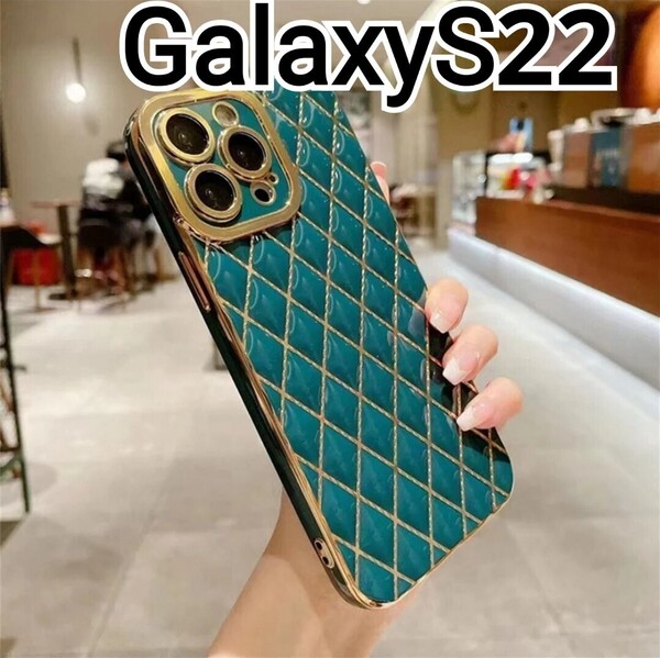 GalaxyS22 ケース グリーン 緑 ふちどり メッキ風 格子柄 可愛い Galaxy S22