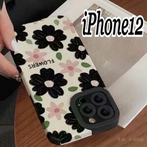 iPhone12☆新品☆花柄 黒×ピンク スマホケース 携帯電話ケース ソフト