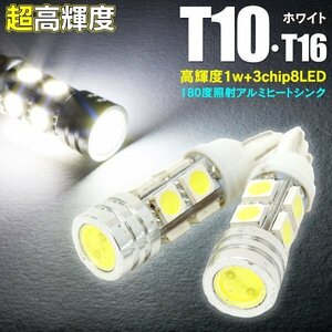 【ネコポス送料無料】ポジション ナンバー バックランプ カーテシ T10/T16 LED HPW＋8SMD アルミヒートシンク ホワイト 白 2本セット