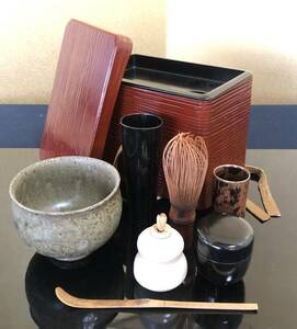 《R》茶道具 時代 茶箱 お茶道具7点組 木製漆器　（240517D4）