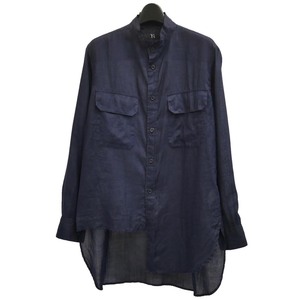 Y’s 「Yohji Yamamoto」 2020ss ラミー スタンドカラー アシンメトリー シャツ　20ss ワイズ アシメ ブラウス ネイビー 麻 裁ち切り