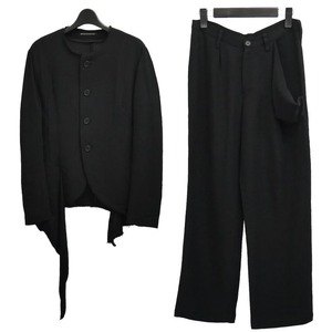 Yohji Yamamoto FEMME 2009ss ウール、シルク アシンメトリー セットアップ　09ss ファム ジャケット ワイド パンツ ノーカラー アシメ 