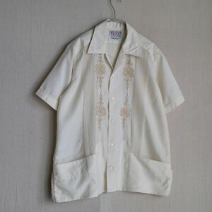 70s 80s Vintage キューバ シャツ / 40 ポリ コットン アイボリー オープンカラー ボックス 刺繍 ビンテージ USA T4-04142-0539