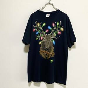 アメリカ古着　トナカイ　アニマル　半袖　Tシャツ　プリント　動物　鹿　Lサイズ　コットン　クルーネック　【I465】