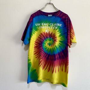 アメリカ古着　EAU CLAIRE　ソフトボール　タイダイ　半袖　Tシャツ　スパイラル　カラフル　Mサイズ　【I481】