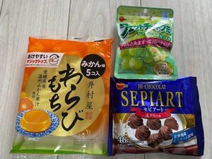 新品未開封　食品和菓子セット　井村屋わらび餅　みかん味5個入り　ブルボンセピアート チョコレート　フェットチーネグミ　マスカット