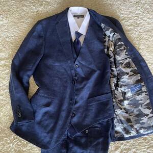  beautiful goods PICK & SWAY [.. go out feeling of luxury ]linen100% 3 piece suit setup navy lining camouflage L-XL size corresponding 