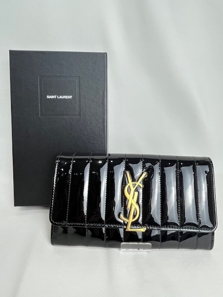 サンローランパリ SAINT LAURENT PARIS 二つ折り長財布 ブラック ゴールド金具 エナメル レディース