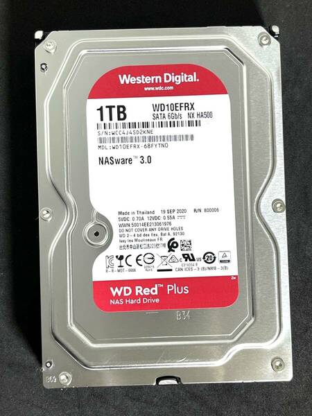 【送料無料】　★ 1TB ★　WD Red　/　WD10EFRX　【使用時間： 4 ｈ】 2020年製　新品同様　3.5インチ内蔵HDD　SATA Western Digital RED