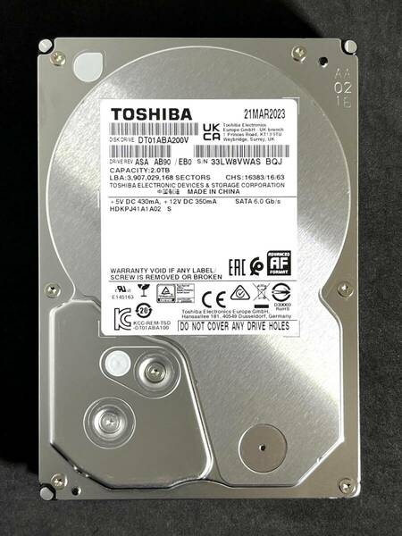 【送料無料】　★ 2TB ★　TOSHIBA / DT01ABA200V　【使用時間： 1289 ｈ】 良品　2023年製　3.5インチ　内蔵HDD　SATA　AVコマンド対応　